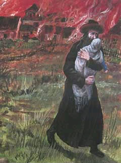 Detail from ''Pogrom I'', a painting by Chassidic artist Zalman Kleinman
